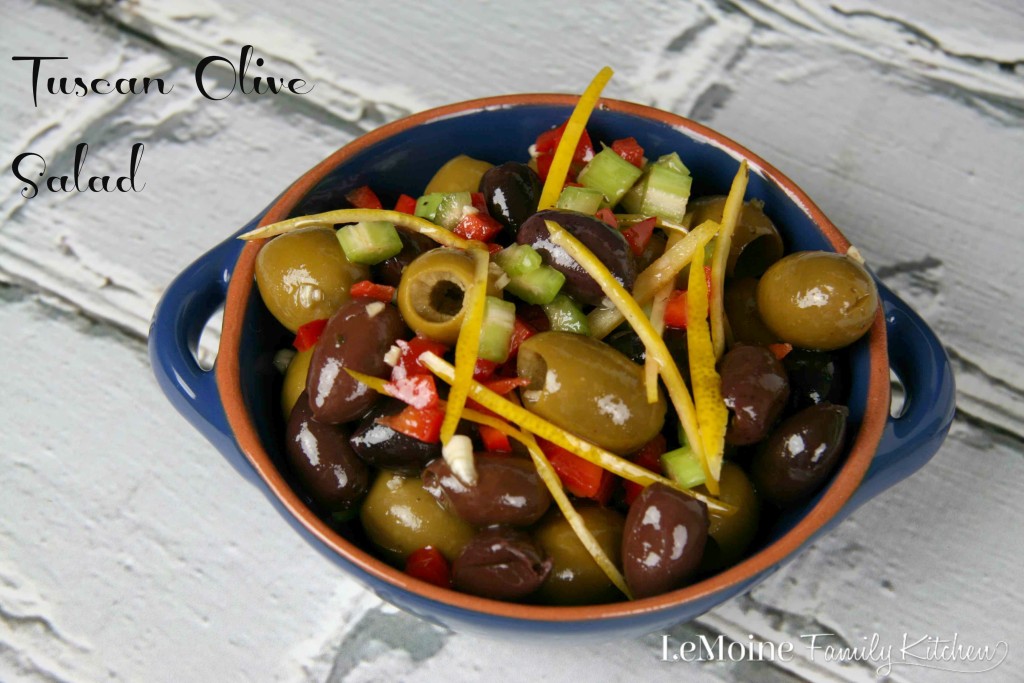 Tuscan Olive Salad | LeMoine Family Kitchen  Your favorite olives mixed with red bell pepper, celery, garlic and meyer lemon zest. 