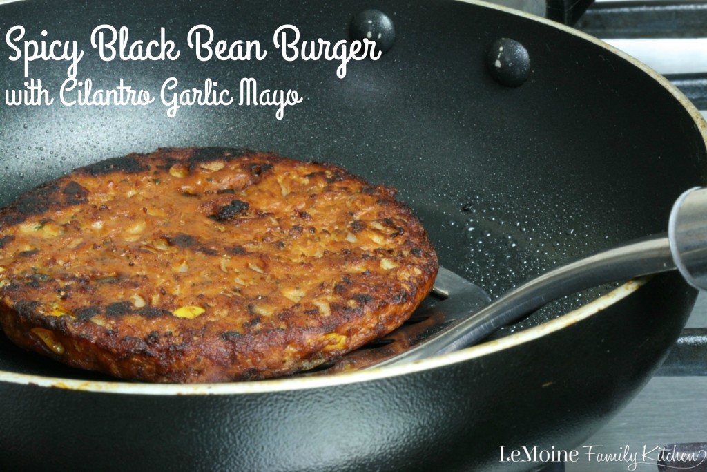 Spicy Black Bean Burger with Cilantro Garlic Mayo | LeMoine Family Kitchen . MorningStar Farms Black Bean Burgers are the perfect healthy meal for these busy days. This is a GREAT burger!! #FallWithATwist #CollectiveBias #ad