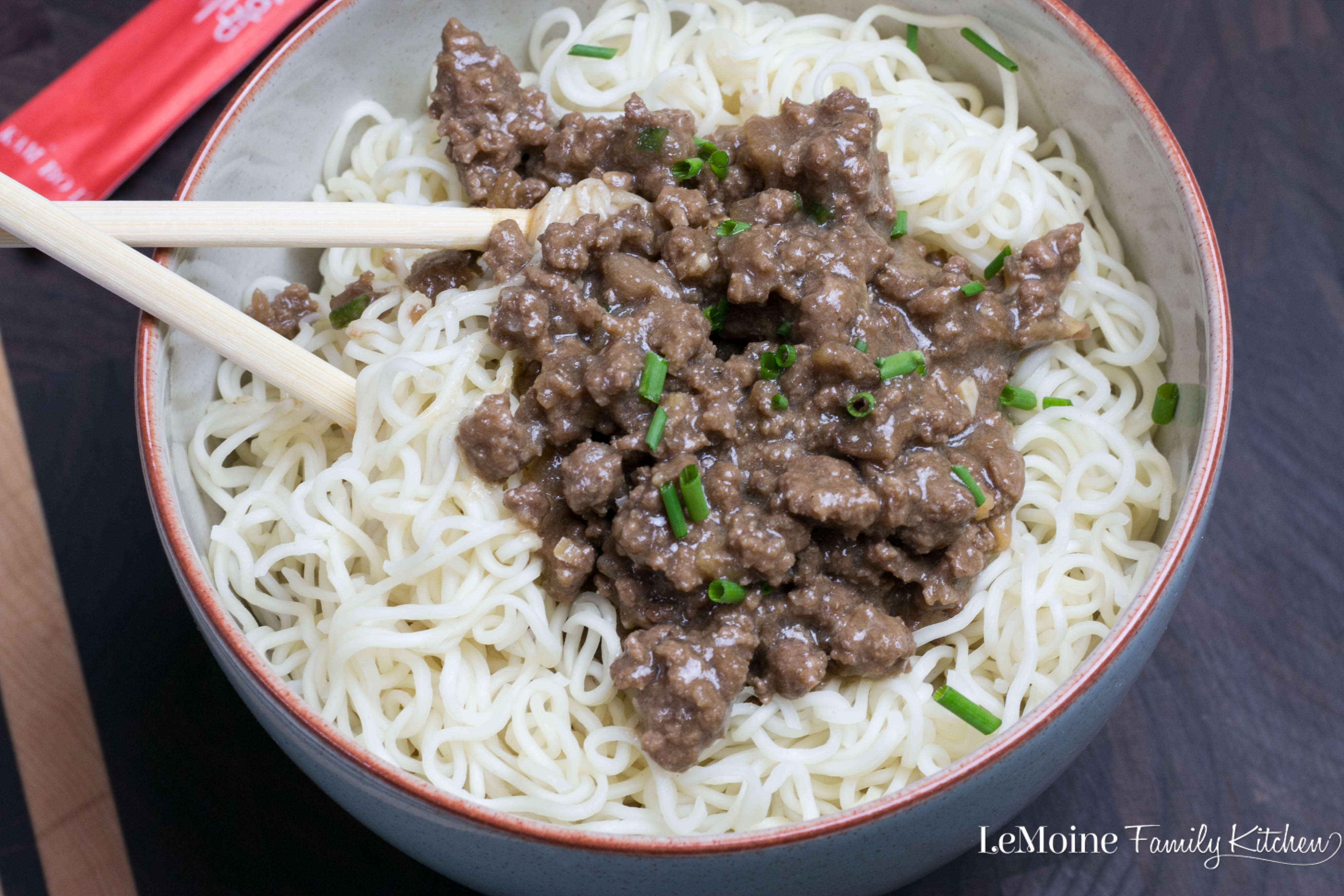 Asian Beef & Noodles | LeMoine Family Kitchen . A really quick and flavorful Asian inspired dish. Lean ground beef in a simple sauce served over Chinese noodles. Great weeknight dinner!